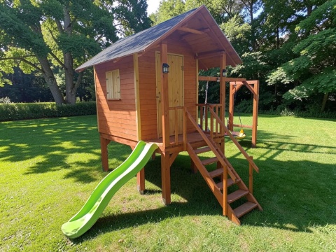 Domek dla dzieci 230x150 - z huśtawkami, zjeżdżalnią, tarasem